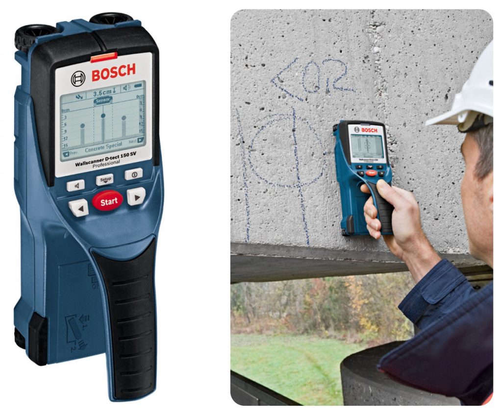 ردیاب دیجیتال bosch D-Tect 150 SV در دست اپراتور چسبیده به دیواره بتنی

